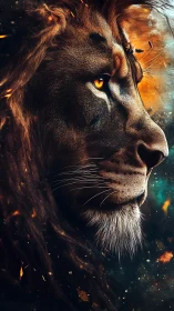 Lion profile burns through smoky cosmic twilight