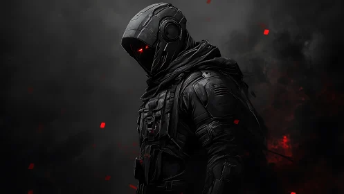 Cyberpunk stealth operative in tactical exosuit silhouette.