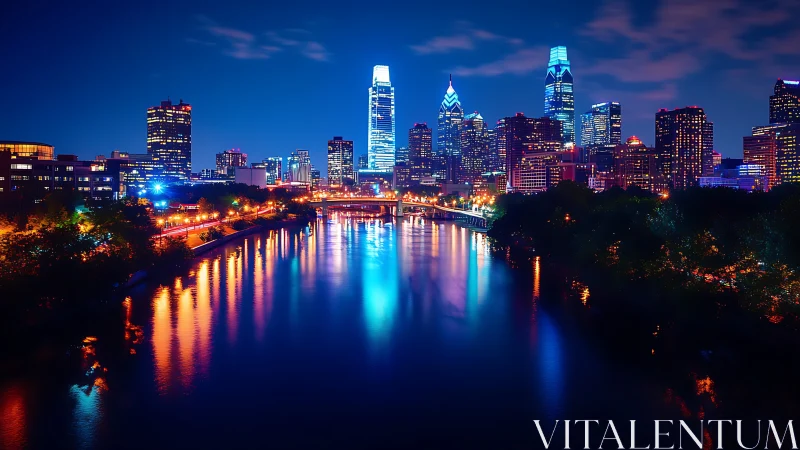 Vibrant riverside city skyline under deep blue night sky.