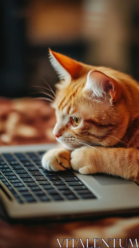 Orange Tabby Cat at Laptop with Focused Expression.