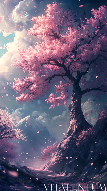 Majestic cherry tree over misty mountain path at dawn.