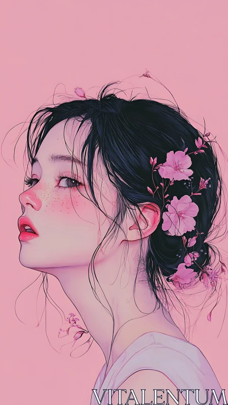 Softly glowing girl with pink blossoms in her hair.