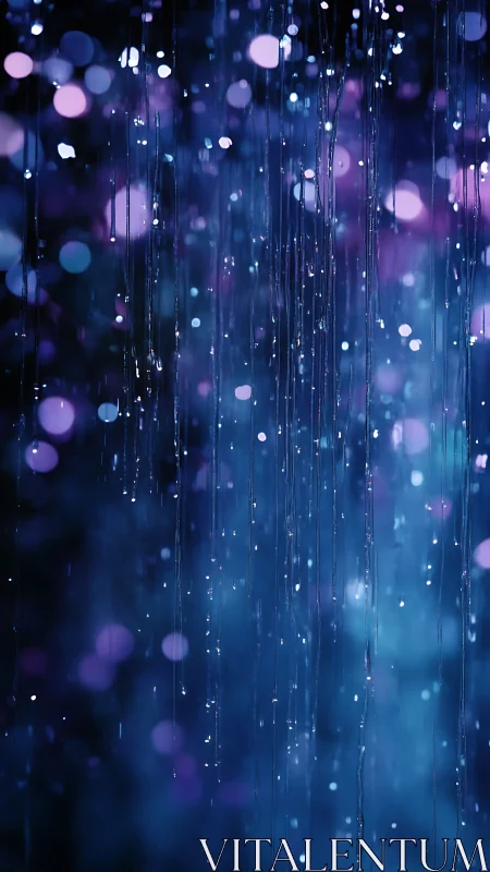 Vertical rain streaks fall against defocused blue and violet lights