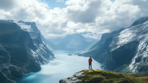 Hiker stands above wide glacial fjord between steep peaks.