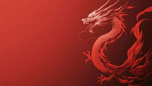 Fierce red dragon curls through warm crimson light with power