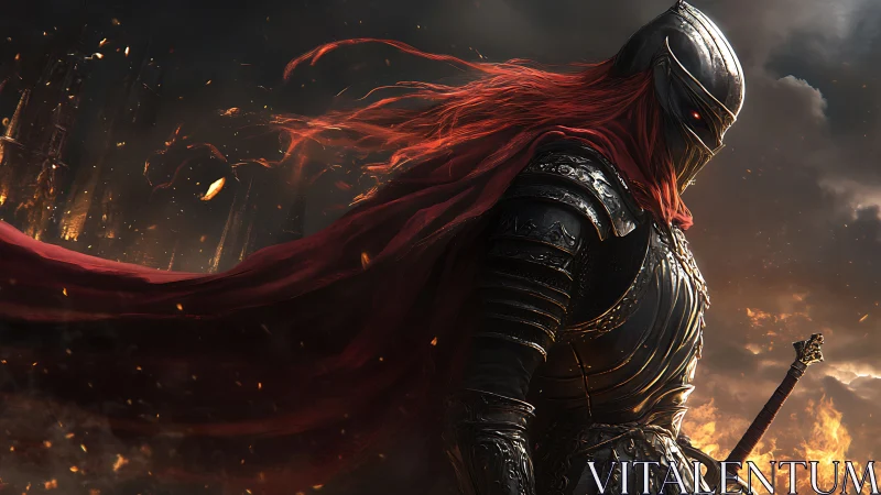 Ember-crowned knight strides through stormlit ruinous dusk.