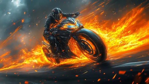 Flaming superbike racer cutting through stormy night road.