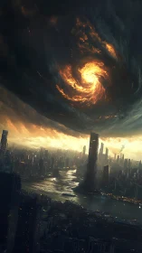 Apocalyptic vortex cloud forms over hyperdense riverside megacity skyline