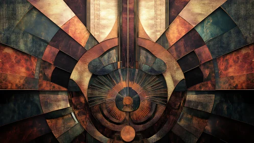 Geometric metal abstraction with radial copper panels.