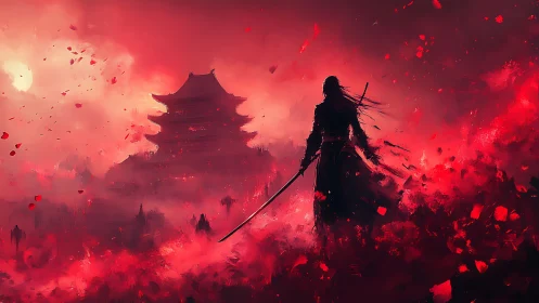 Silhouetted swordsman before distant pagoda in red haze.
