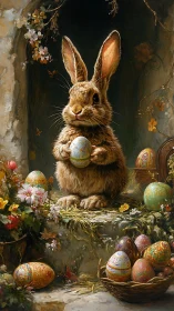 Digital painting of Easter rabbit with ornate eggs tableau.