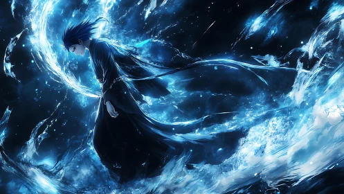 Stormlit mage drifts through a roaring galaxy of water.