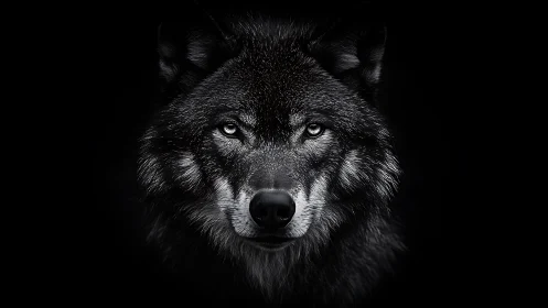 Monochrome wolf portrait emerges from deep black background