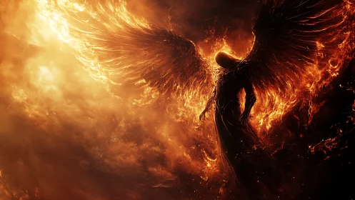 Winged humanoid figure surrounded by intense orange flames.