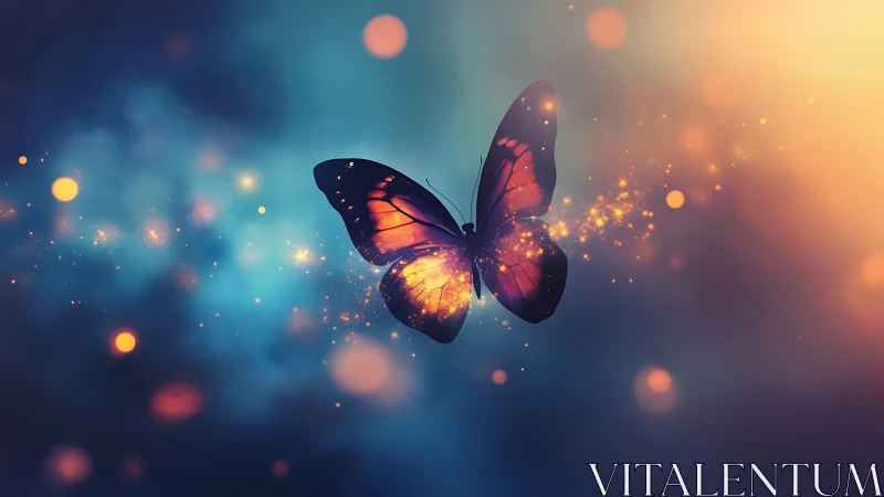 Glowing butterfly drifts through dreamy bokeh twilight sky.