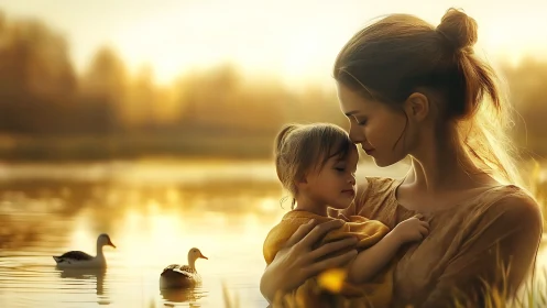 Woman and Child by Water at Sunrise with Waterfowl