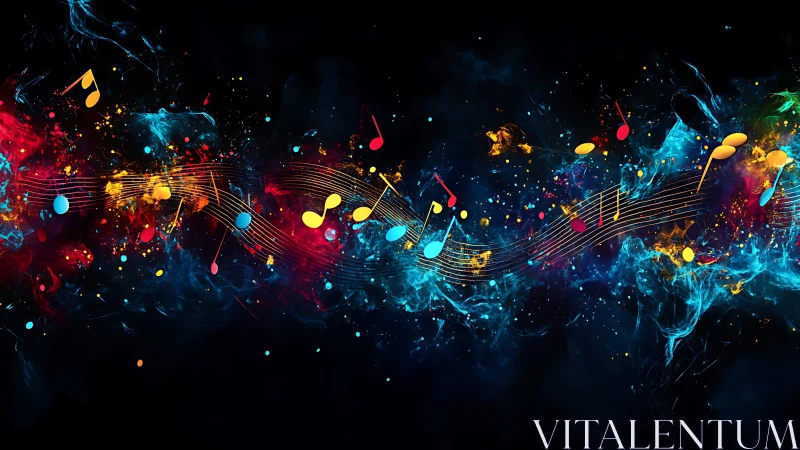Vibrant digital music waves with colorful floating notes.