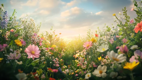 Flowering Field with Varied Bloom Composition at Sunrise.