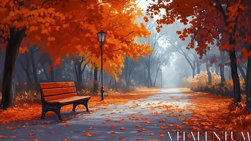 Empty bench lines quiet autumn park path under amber trees