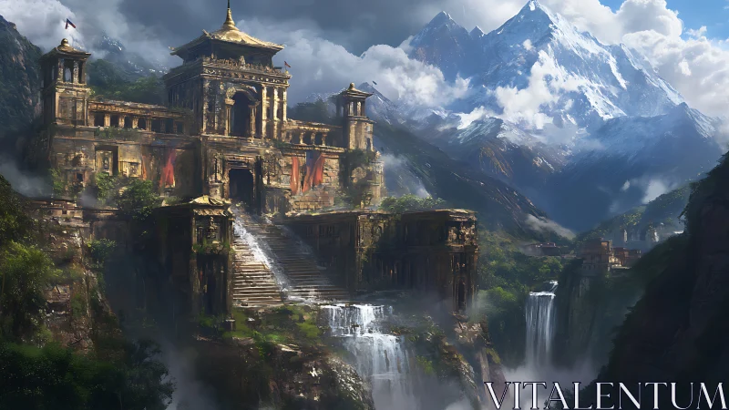 Mountain citadel above waterfalls in lush valley.