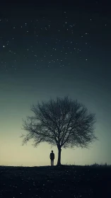 Solitary figure stands under bare tree beneath starry night