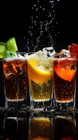 Three Carbonated Beverage Compositions Captured Mid-Splash with Dynamic Ice and Citrus Garnish