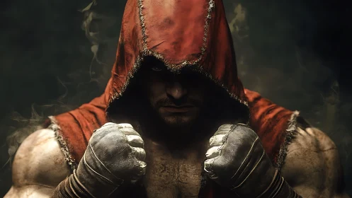 Medieval warrior in crimson robes displays formidable strength with metal gauntlets.