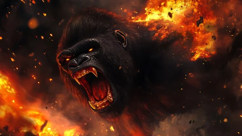 Roaring fire gorilla bursts through explosive inferno blast
