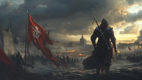 Cloaked warrior overlooking siege with cinematic battle staging.
