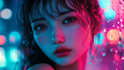 Neon rainlit gaze where city lights meet quiet dreams.