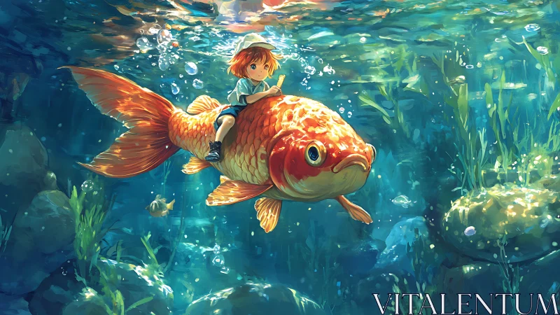 Child rides oversized goldfish through sunlit underwater scene