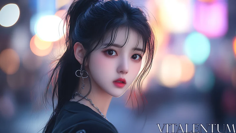 Digital painting portrait with neon bokeh night backdrop.