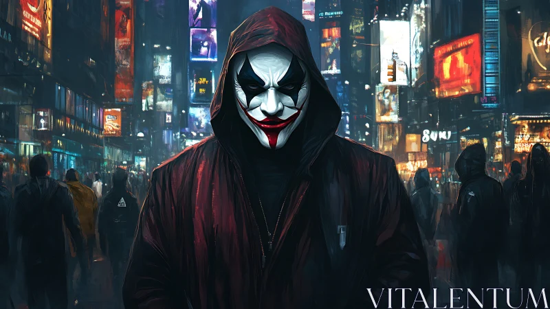 Hooded clown-masked figure in neon-saturated urban crowdscape.