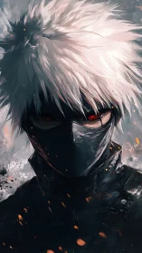 Masked silver-haired warrior stands amid drifting embers.