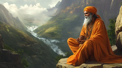 Hermit monk in saffron robes overlooks vast river valley