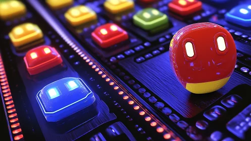 Colorful robot heads on glowing sci fi control panel.