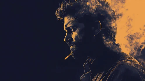 Brooding smoker in orange smoke against deep shadowed void.