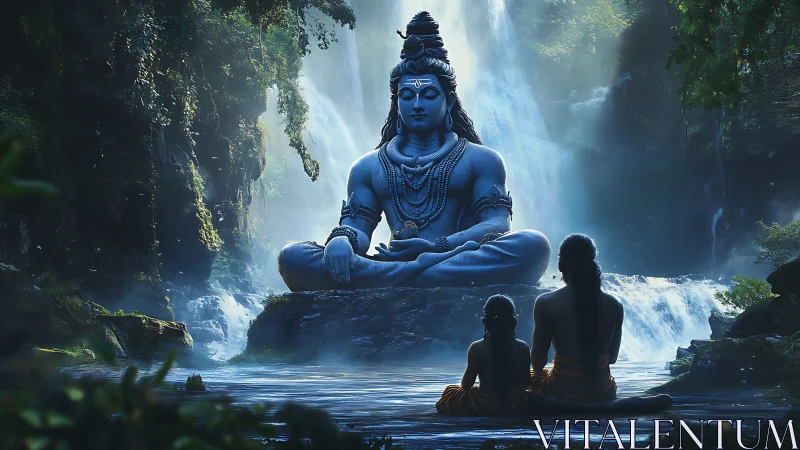 Meditating Shiva statue radiates serenity before misty falls