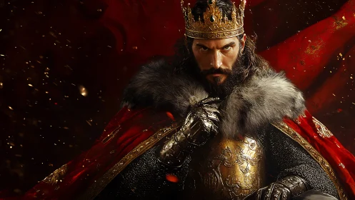 Regal armored king in red cloak with fur mantle, front view