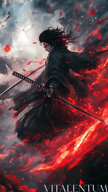Digital painting of a dark samurai in eruptive crimson vortex.