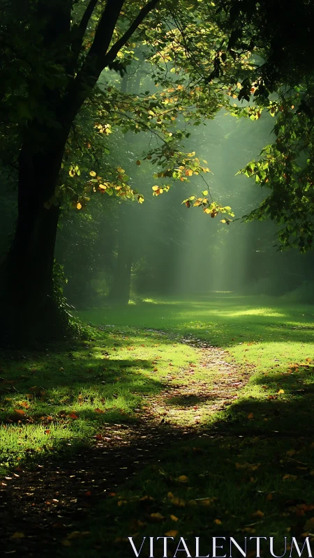 Sunlit Forest Path Through Dense Canopy with Golden Leaf Accents.
