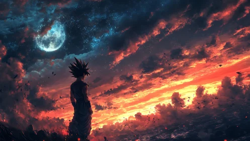 Silhouetted anime warrior observes a dual-toned cosmic sky