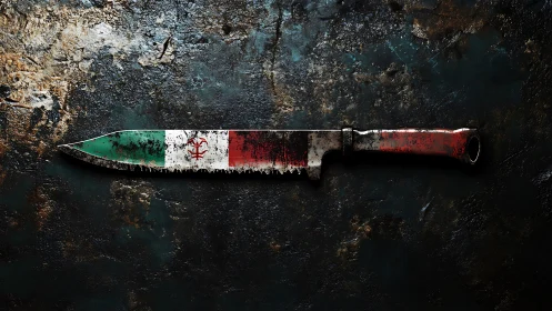Knife with tricolor paint lies on corroded metal surface