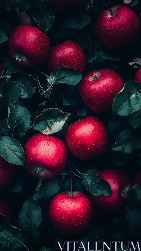 Deep red apples clustered among dark orchard leaves.