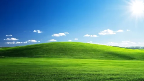 Grassy hillside under clear blue sky with scattered clouds.
