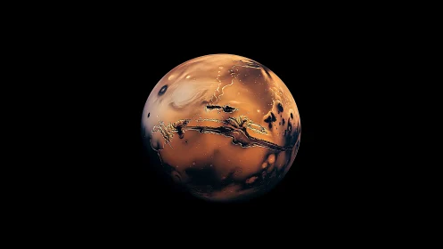 Mars emerges in dramatic light with carved canyons and craters.