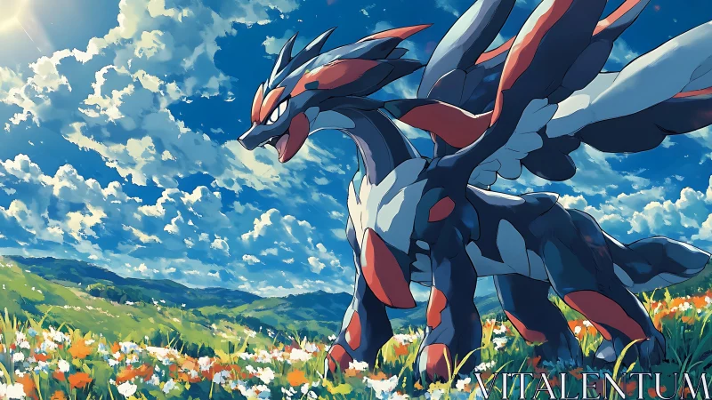 Winged quadruped creature in sunlit flowering grassland.