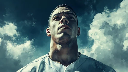 Heroic low-angle portrait of athlete against storm sky