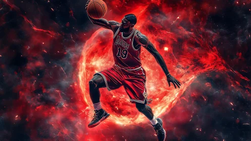 Cosmic courtside leap through a blazing red nebula storm.