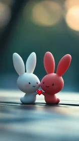 Two stylized rabbit figures holding small heart object.